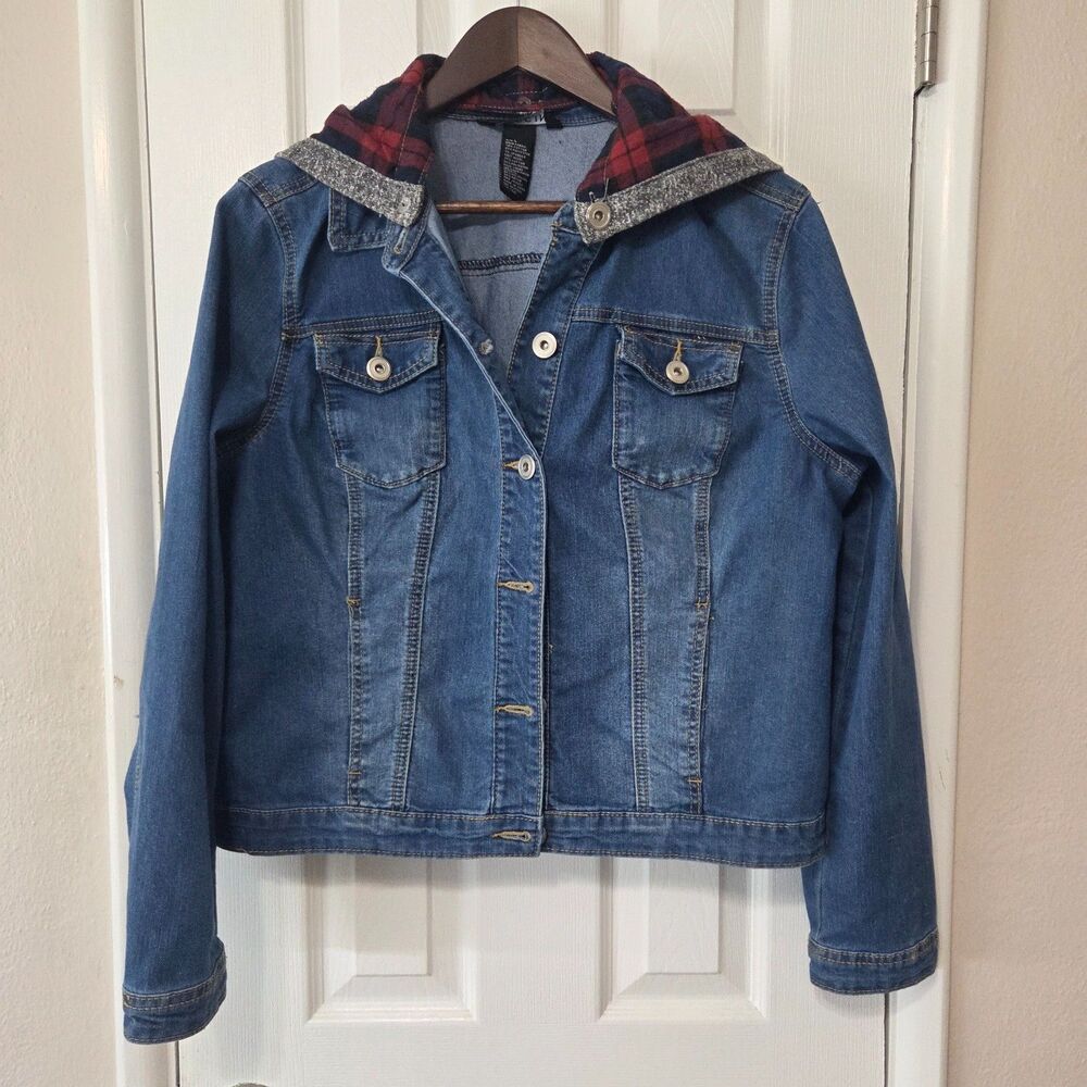 Baccini Denim Jacket Womens Large Plaid Detachable Hood Elbow Patch Jean